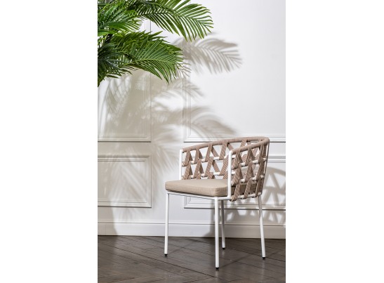"Диего" стул плетеный из роупа, каркас из стали белый муар, роуп бежевый круглый, ткань бежевая 15052