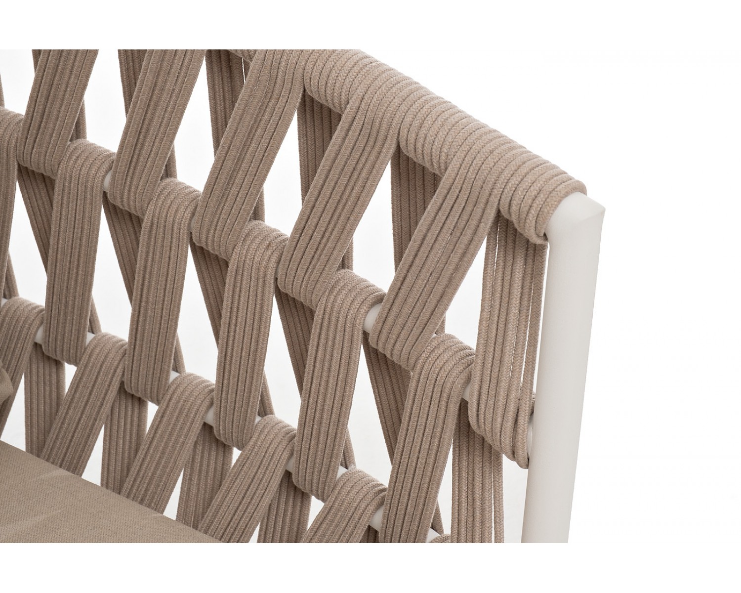 "Диего" диван 2-местный плетеный из роупа, каркас алюминий белый муар, роуп бежевый круглый, ткань бежевая 035
