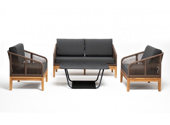 "Канны" лаунж-зона 4-местная из роупа со столиком "Канны" (серый гранит), основание дуб, роуп коричневый