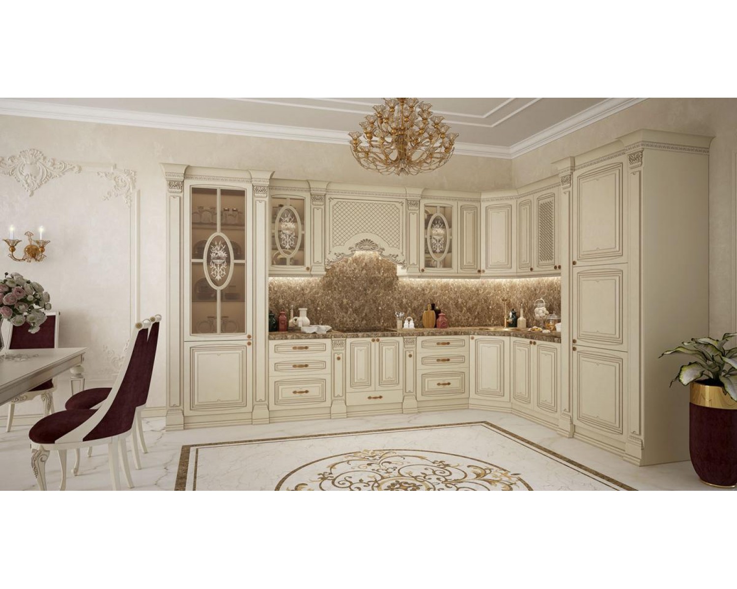 Кухня Афина 30 (3,9*2,6 м) крем/фиолетовая патина