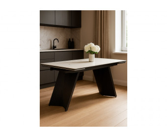 Керамический стол Вейв 160(220)х89 белый с прожилками gilt white / черный