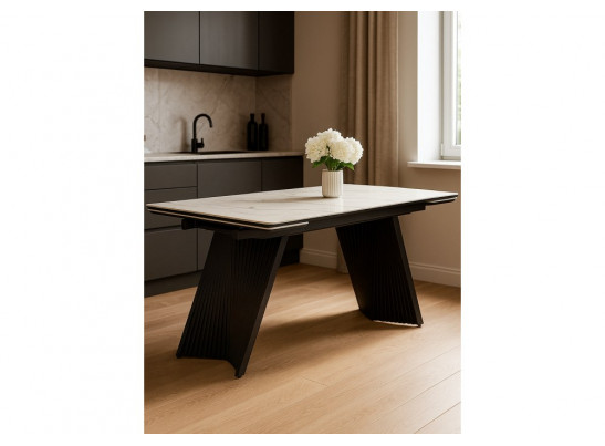 Керамический стол Вейв 160(220)х89 белый с прожилками gilt white / черный