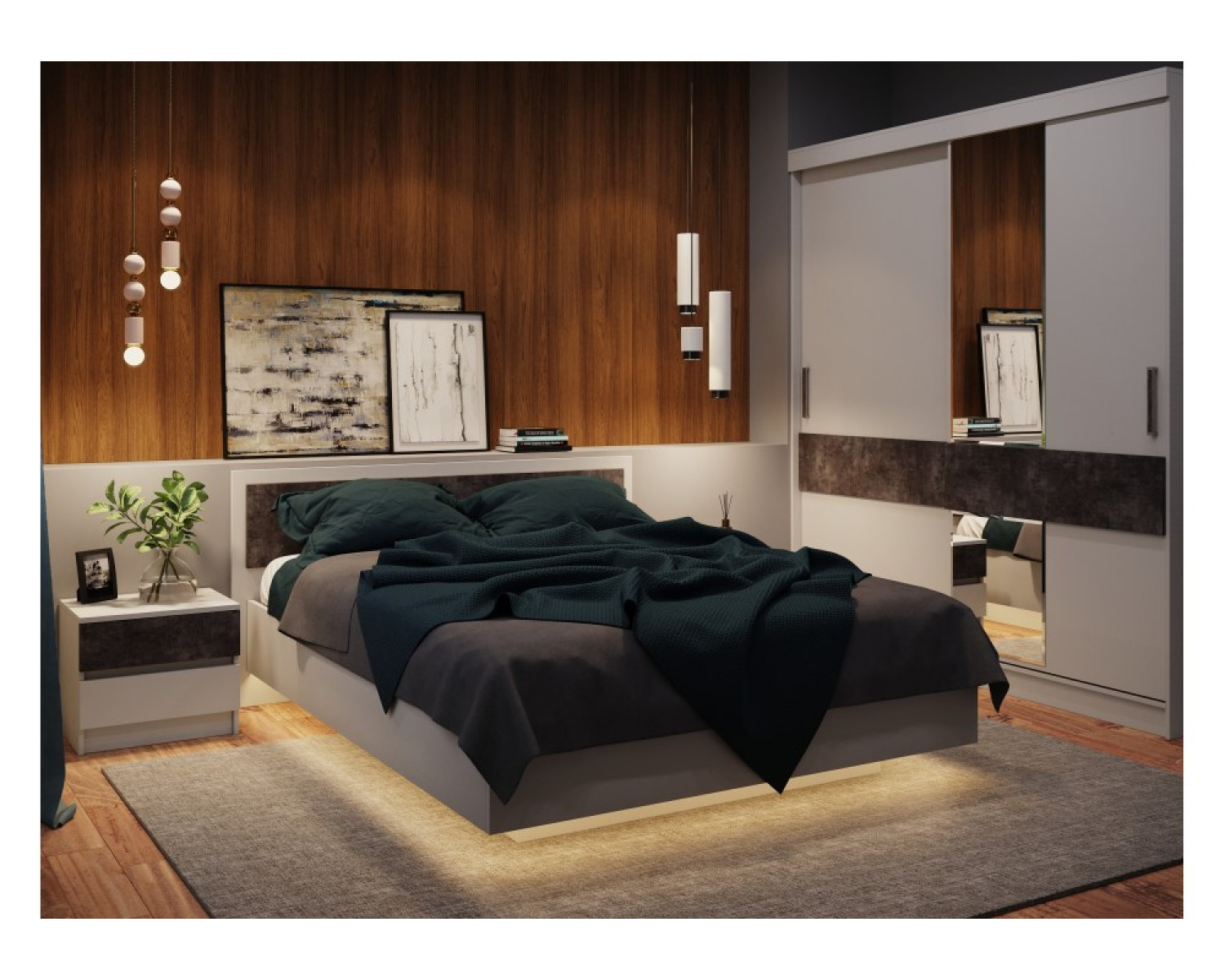 Двуспальная кровать Лунара 160x200 белый / бетон темный