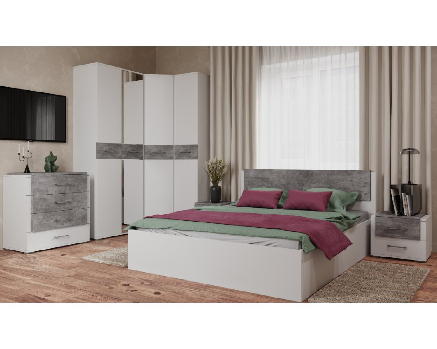 Двуспальная кровать Теплиса 160x200 белый / бетон светлый